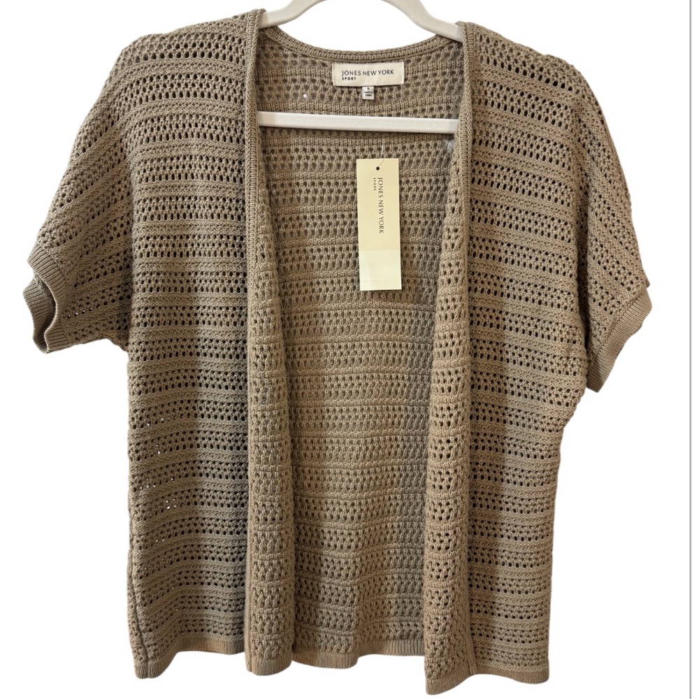 Jones New York Crochet Open-Front Short Sleeve Cardigan - Taupe